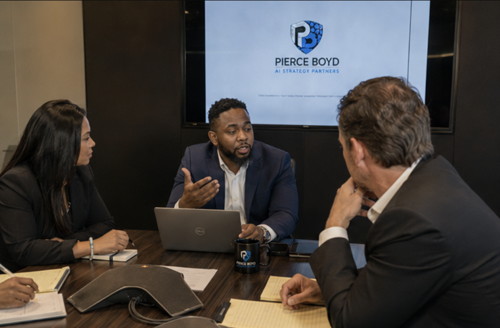 Pierce Boyd AI Strategy Partners team discussing AI strategy in a conference room